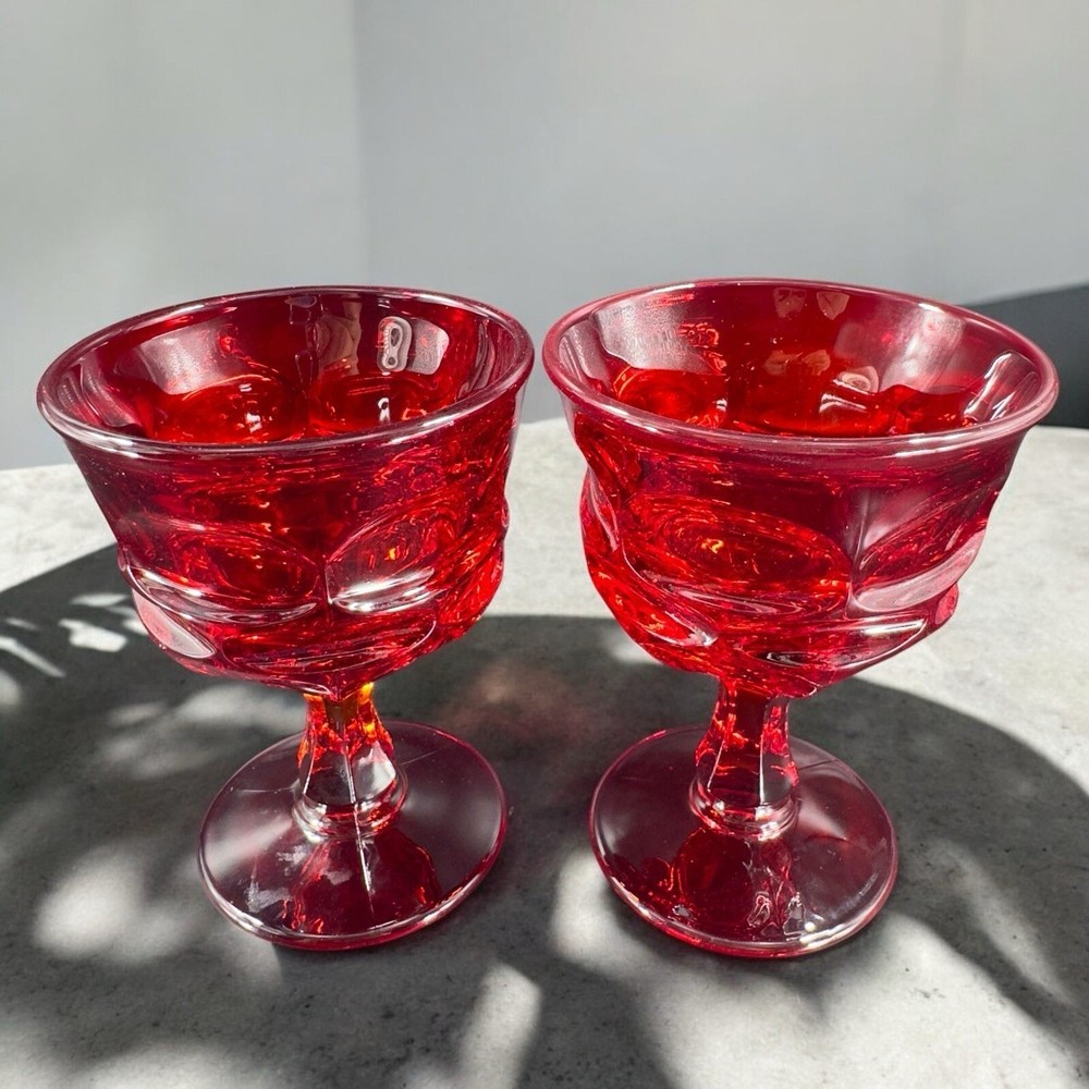 Fostoria Argus Ruby Red Water Goblet Heavy Champagne Glasses Cups Set 2 VTG