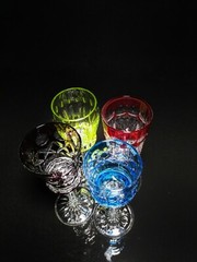 Faberge Na Zdorovye Crystal Colored Cordial Glasses 5 3/4″ H x 2″ at rim NIB