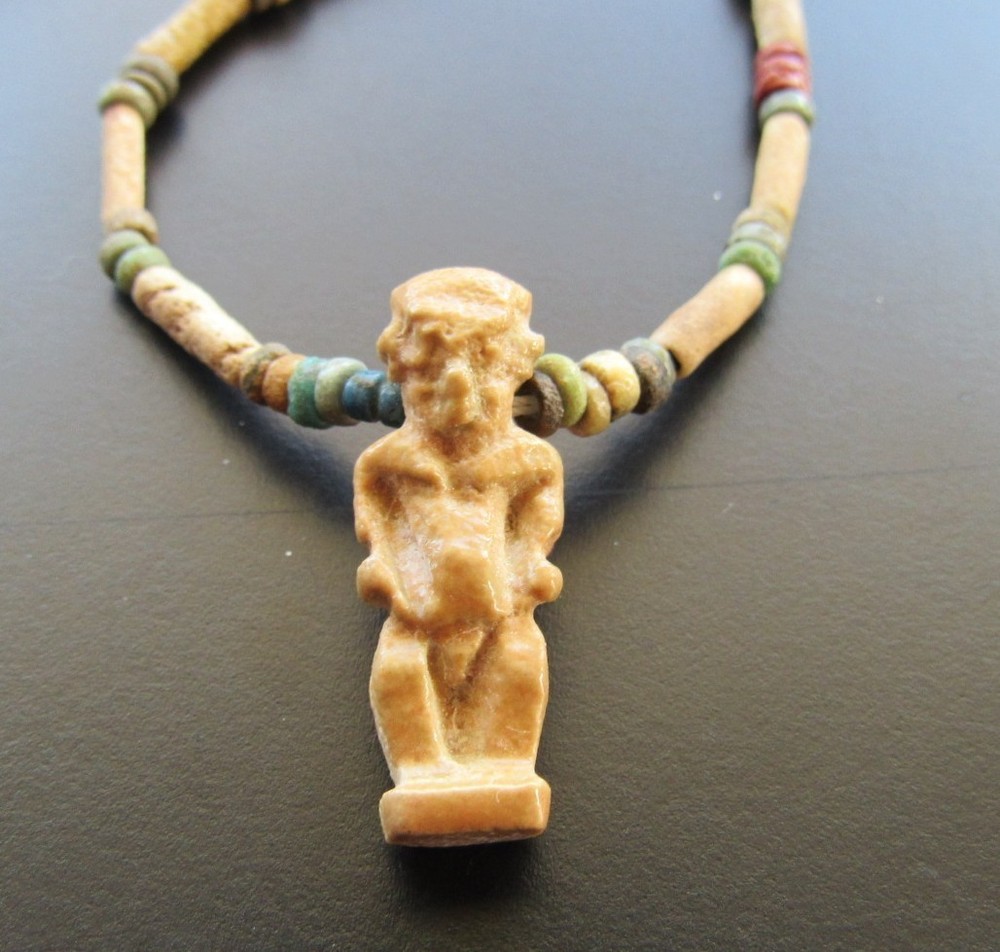 NILE Ancient Egyptian Pataikos Amulet Mummy Bead Necklace ca 300 BC