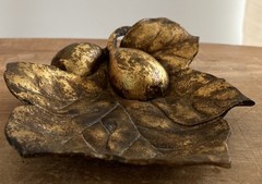 Vintage Gilt Gold Cast Metal Embossed Fig Fruit Leaf Shaped Trinket Dish Bowl