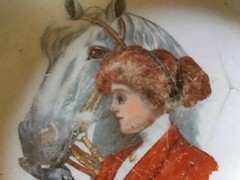 Antique Ironstone Feeding Dish EDWARDIAN EQUESTRIAN W/ HORSE 7″ LARGE