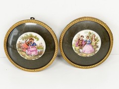 Victorian Signed Fragonard Framed Porcelain Rounds Antique Art Couple Love
