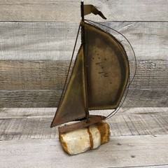 Vintage John DeMott Metal Brass Sailboat Boat Sculpture Stone Base