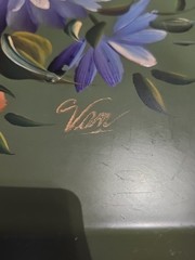 Large Vintage Hand Painted Toleware Tray Black Reticulated Floral Signed 50s 60s