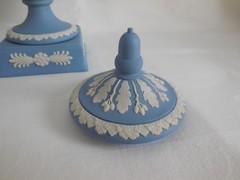 1968 Wedgwood Blue Jasperware Erato & Urania 11.5″ Tall Urn w/ chip underneath