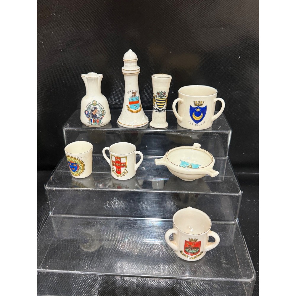 Vintage British Heraldic Crest China Miniature Souvenir 8pc Skegness Portsmouth