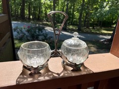 Art Nouveau Pewter Crystal Caddy, Bingit Zinn Jugendstil Condiment Server