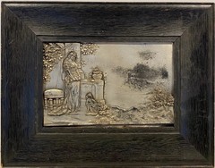 Antique Framed Metal Relief Panel Woman & Cat Landscape Early 1900s