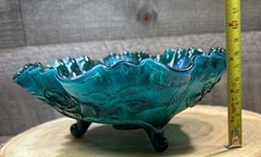 Vtg Imperial Glass GREEN SWIRL ROSE FLORAL Footed Bowl Compote Ruffled Rim