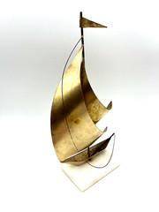 Vintage DeMott MCM Brass Sailboat on White Stone 14″ Tall Nautical Maritime