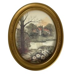 Vintage HOMCO Gold Toned Oval Frames Pair Countryside Themed Prints MADE IN USA