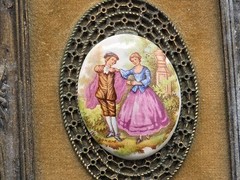 Vintage Pair Ornate Cast Metal Frames Limoges Style Porcelain Romantic Plaques