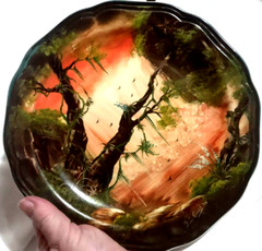 VTG Signed Hand-Painted Porcelain Plate Vitramik Oxford Brazil Moss Trees Orange
