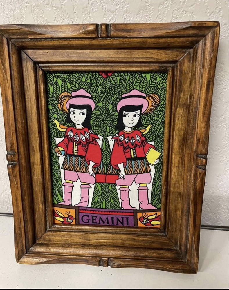 Vintage Wood Framed Gemini Picture Art Decor