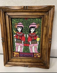 Vintage Wood Framed Gemini Picture Art Decor