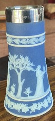 Antique Wedgwood Blue Basalt Jasperware Silver Rim Vase