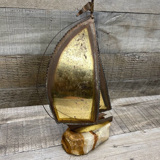 Vintage John DeMott Metal Brass Sailboat Boat Sculpture Stone Base
