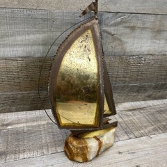 Vintage John DeMott Metal Brass Sailboat Boat Sculpture Stone Base