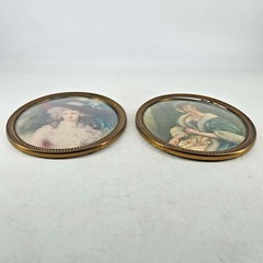 Set of 2 Vintage portrait of ladies in Brass Frame w Convex Glass