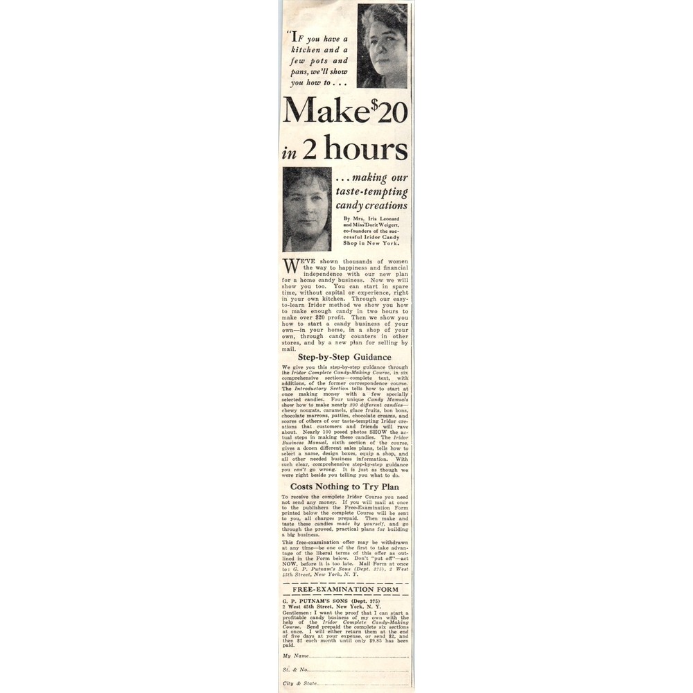 1931 G.P. Putnam’s Sons New York Advertisement Make $20 in 2 Hours ~2.5×12 FL5-1