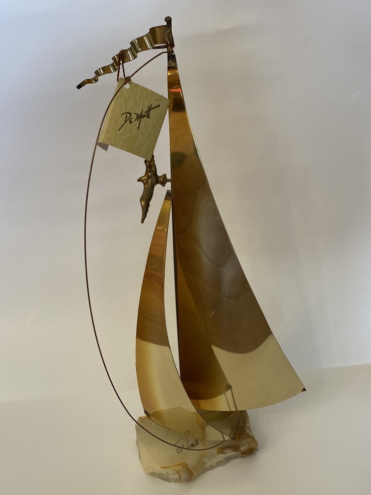 John DeMott Vintage Signed Brass Sailboat Sculpture Nautical Boat Seagull