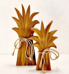 Set/ 2 Handmade Wood Hand Painted Country Folk Art Hay Stacks Fall Halloween 11″