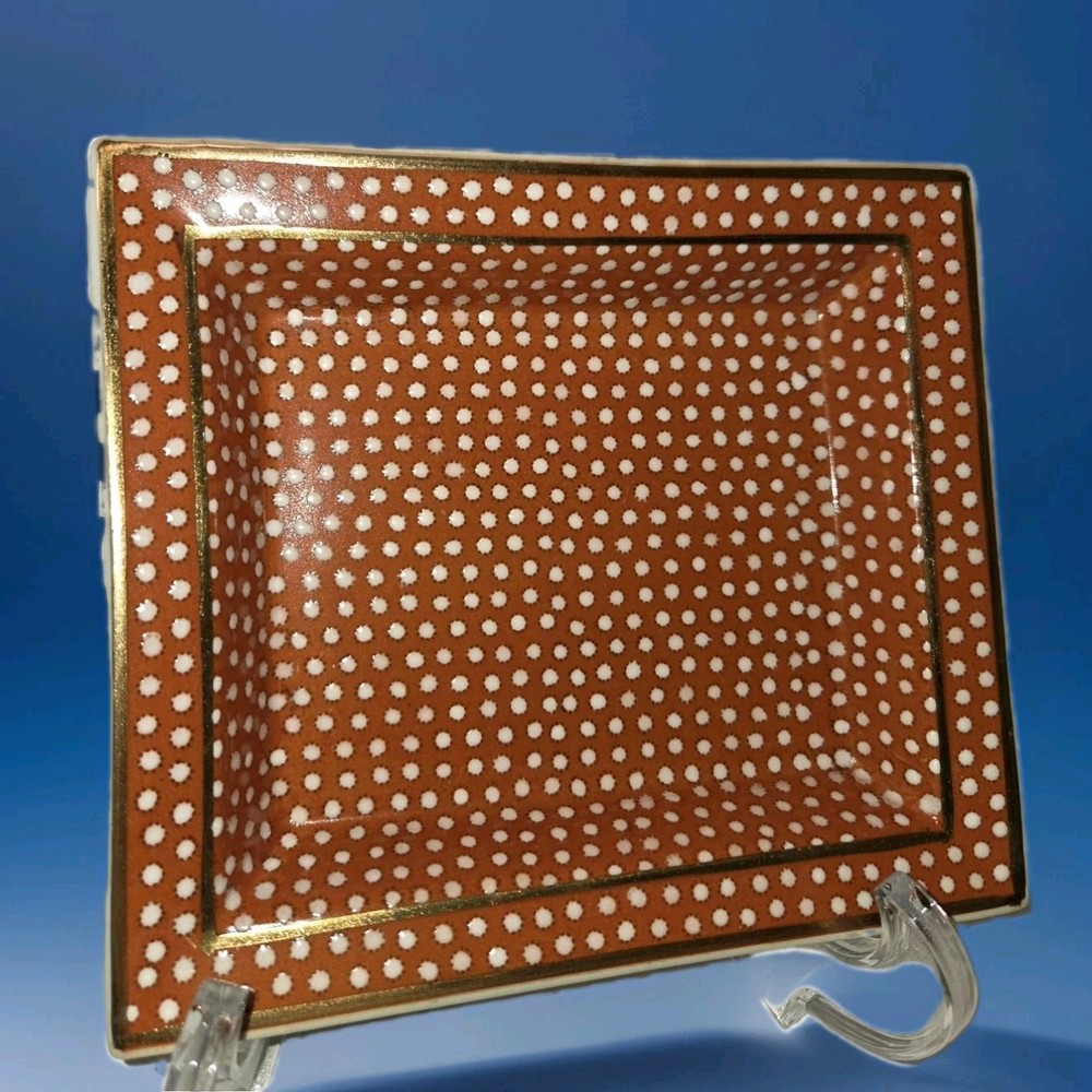 Fabienne Jouvin Dish Porcelain Catch All Burnt Orange White Dots Gold Trim VTG