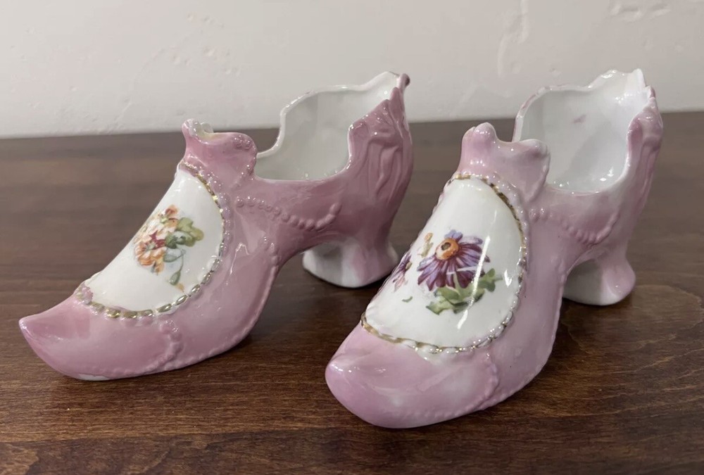 2 Antique 1868 Porcelain Slippers Victorian Edwardian Gold Trim Hand Painted PJF