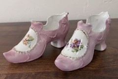 2 Antique 1868 Porcelain Slippers Victorian Edwardian Gold Trim Hand Painted PJF
