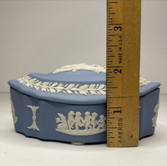 Wedgwood Blue Jasperware Oval Trinket Box Lid Scalloped Cherubs Dogs