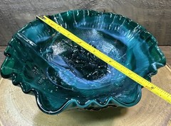 Vtg Imperial Glass GREEN SWIRL ROSE FLORAL Footed Bowl Compote Ruffled Rim