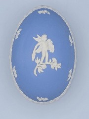 Wedgewood Blue Jasperware Egg Trinket Box Cherub With Floral Garland