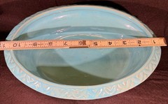 Turquoise Ceramic compote bowl w/relief decoration and handles. Made In Italy