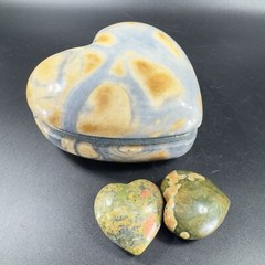Vintage Hand Made Carved Jasper Heavy Stone Marble Heart Trinket Holder W Hearts