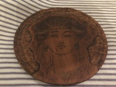 WORN SHABBY art Nouveau LADY Pyrography Wall Plaque Wood OLD, Sweet!