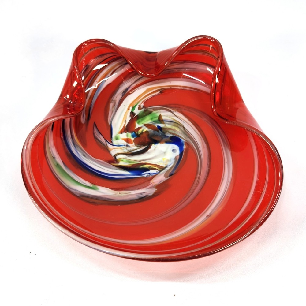 Vintage Lutetian Red Swirl Hand Blown Art Glass 6.5″ Bowl Candy Dish Ashtray