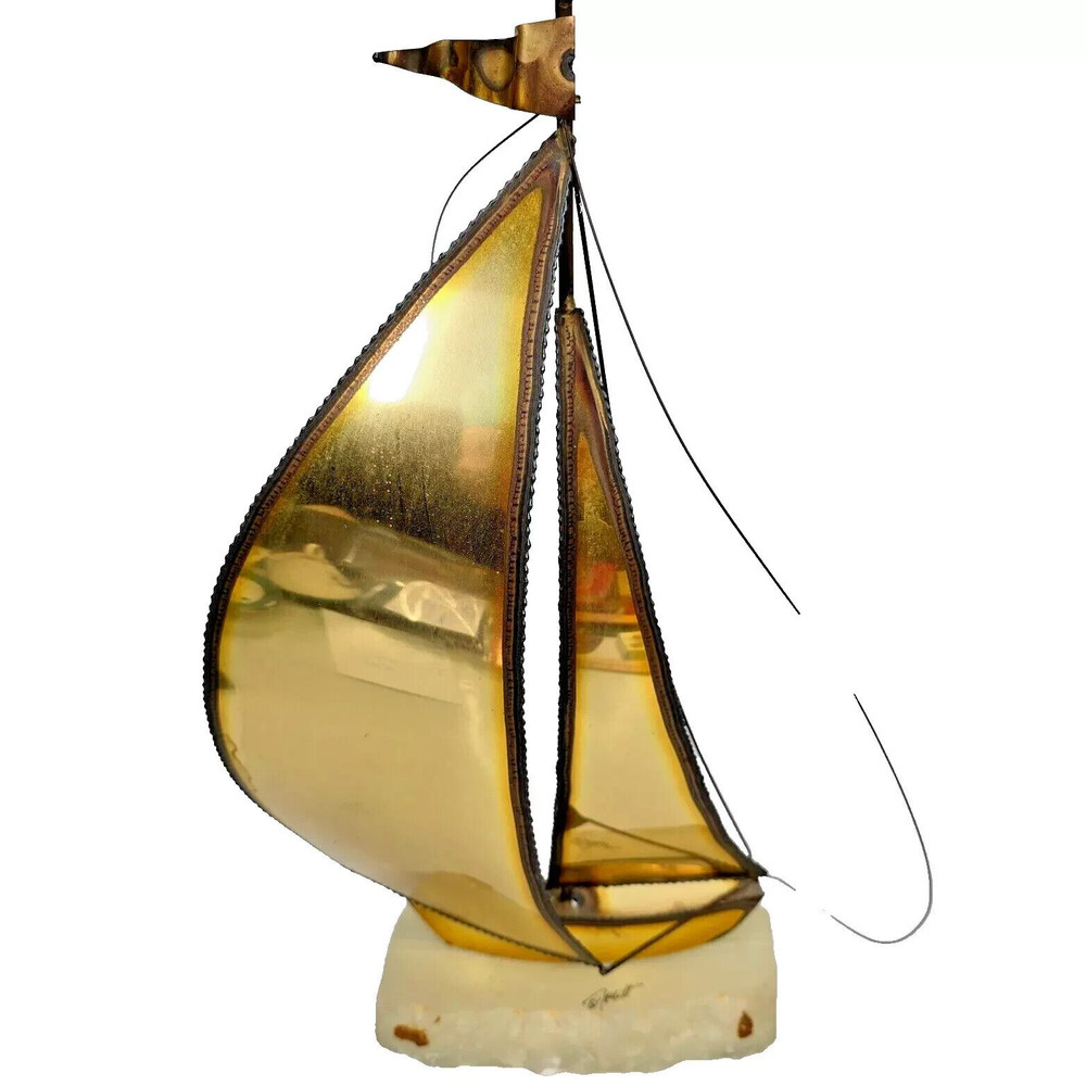 De Mott Brass Copper Sailboat 9″ Ship Signed Art Sculpture Onyx 1970s Heavy Vtg