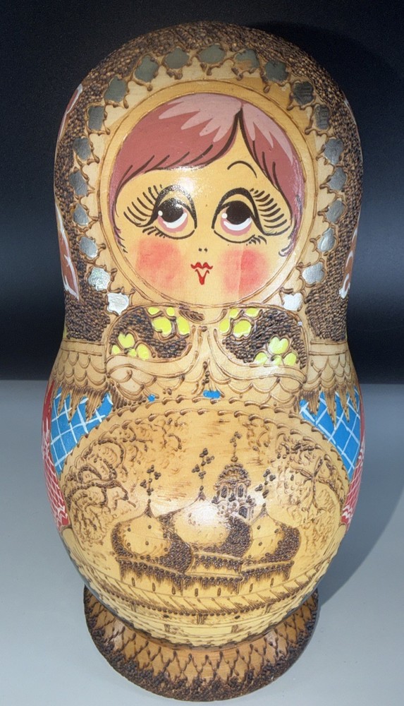 Wood burned Nesting/Traditional. 9.5 Piece Painted Detail – SIGNED. Russian