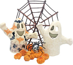 2 Polish Pottery Ceramic Ghost Lantern Figurines White Lace and BOO