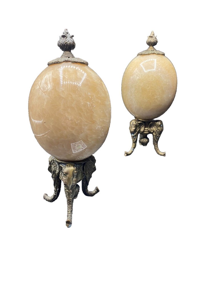 Set Of 2 Alabaster Egg on Three Legged Brass Stand with Elephants HEAVY!!