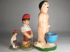 Rare Lot of 3 Polychrome Pottery Caganers using the bathroom some Signed dated