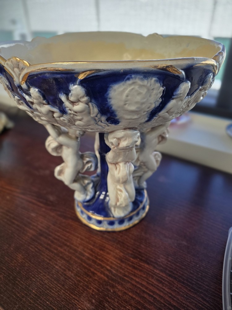 Italy Cherub Cobalt & White Gold Trim Pedestal Porcelain Fruit Bowl or Planter