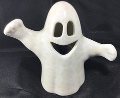 2 Polish Pottery Ceramic Ghost Lantern Figurines White Lace and BOO