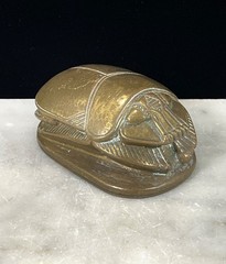 Brass Egyptian Scarab Beetle Hieroglyphics base Paperweight 3.5” Heavy VTG