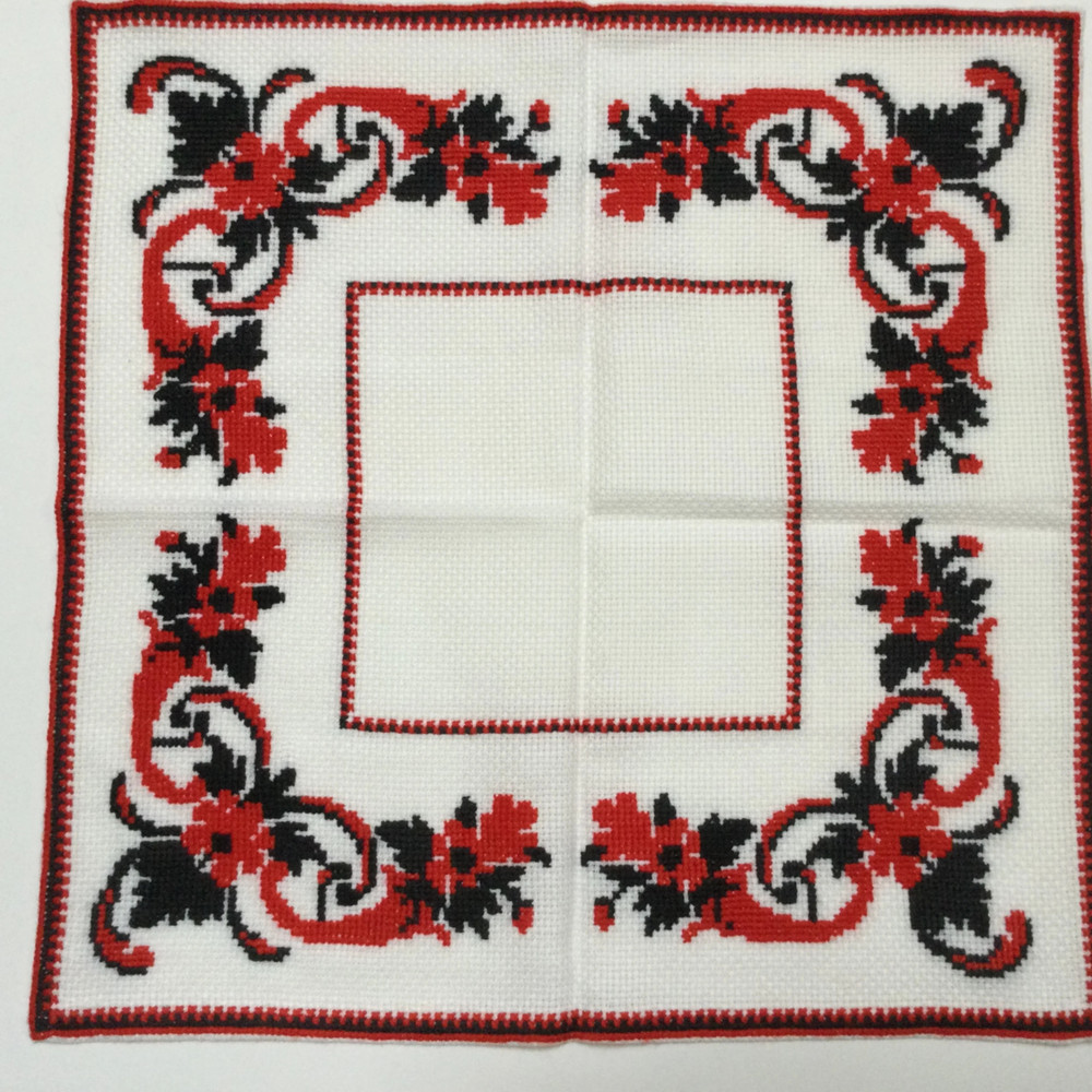 Ukrainian Traditional Cross-Stitched Square 17″ Table Runner in Black and Red