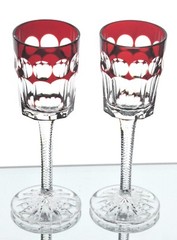 Faberge Ruby Red NA ZDOROVYE Cut to Clear Crystal Cordial Liqueur Goblets New