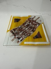 VIBRANT! Yellow Brown Square Fused Art Glass Plate 6 x 6” Jewel Tones Textured ✨