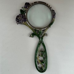 Art Nouveau Style Handheld Magnifying Glass Floral Rhinestone Enamel Rose Decor
