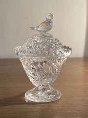 Vtg Hofbauer Byrdes Lead Crystal Glass Jam Trinket Vanity Compote Dish Bird Lid