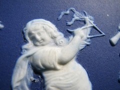 WEDGWOOD LIKE RARE DARK BLUE DIP PLAQUE OF CUPIDS & BOY TAMBORINE, GIRL TRIANGLE